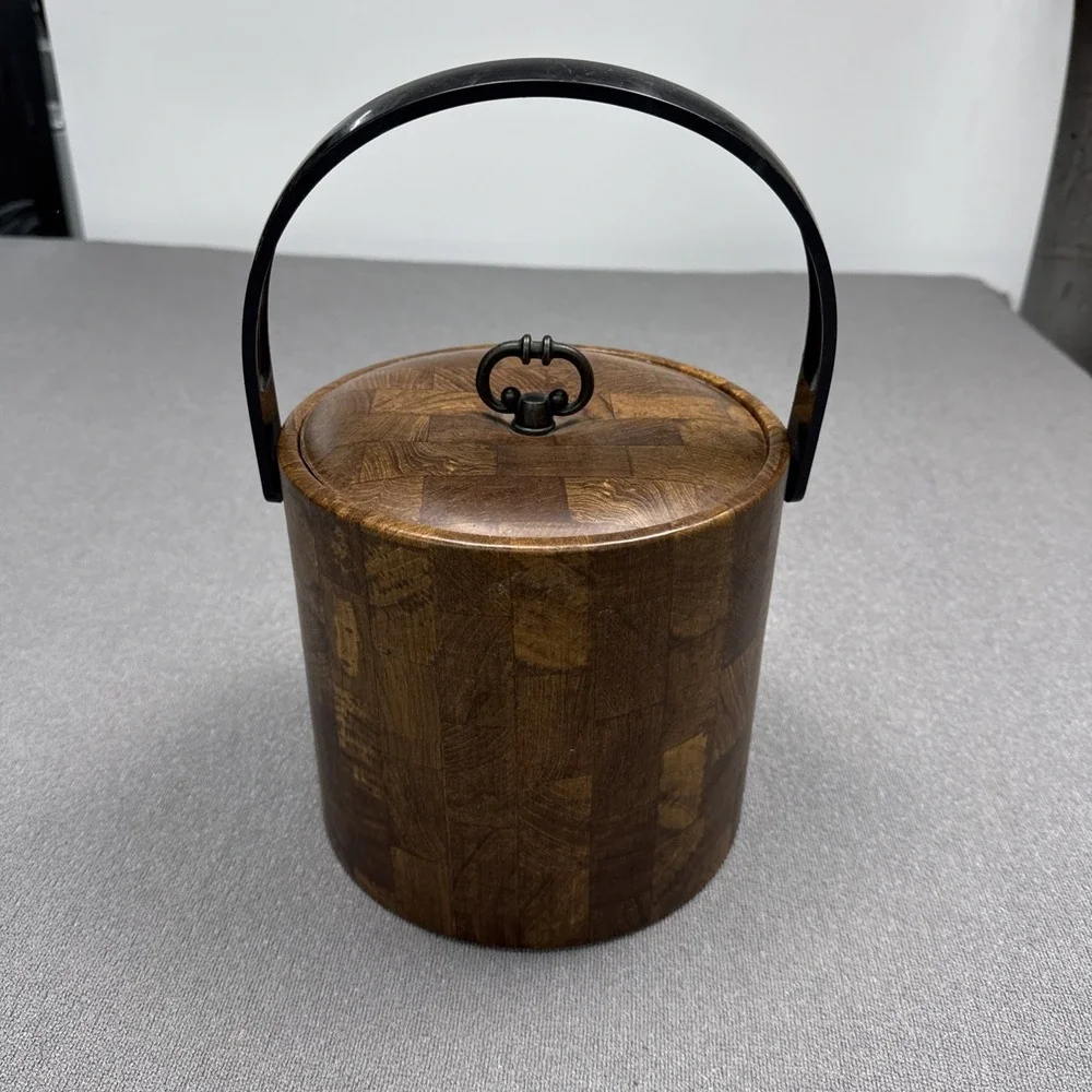 Vintage Ice Bucket Faux Wood Grain Bar Brown & Black USA W Handle And Lid MCM